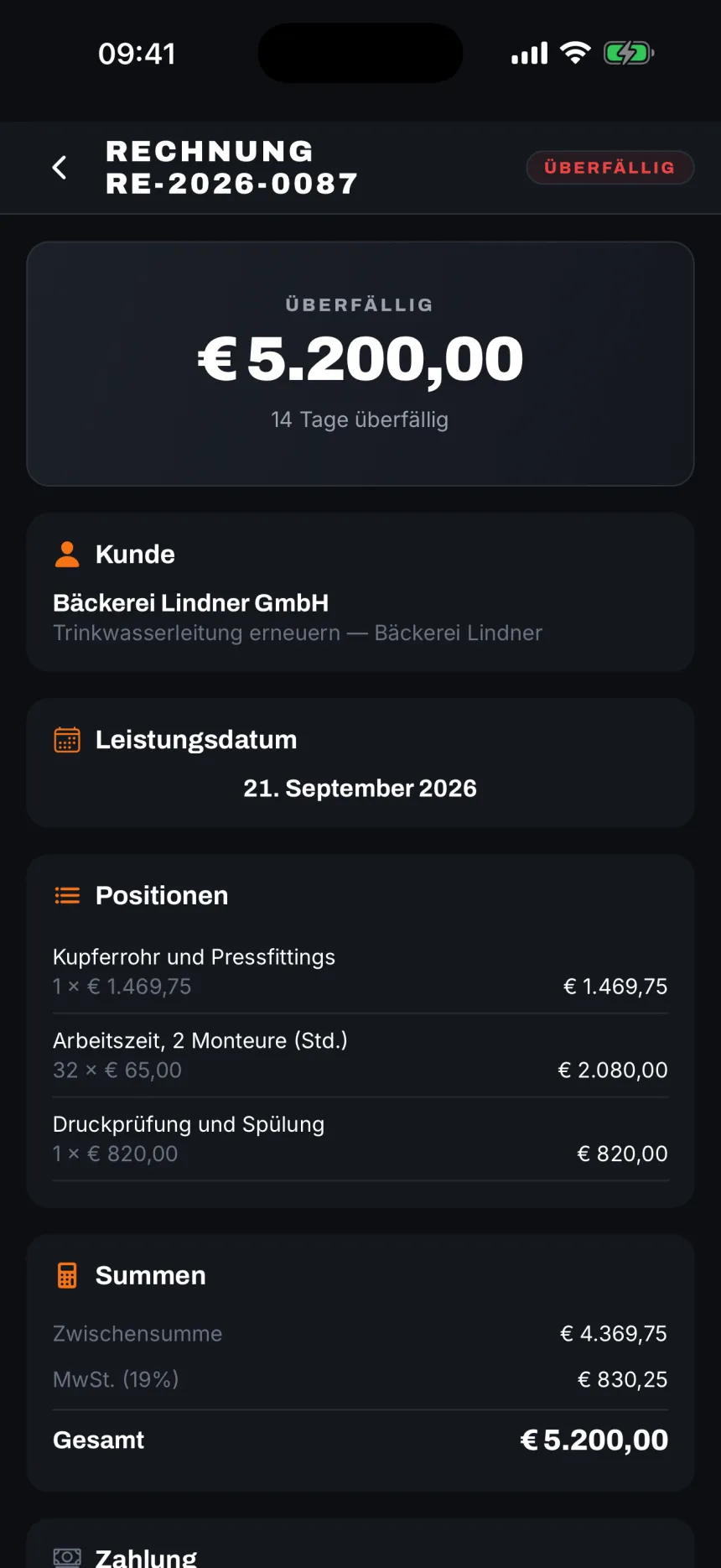 Rechnung mit einem Tippen.